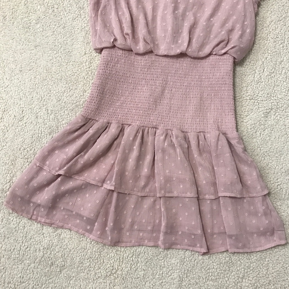 SOLD Aqua Mini Dress Flutter Sleeve Ruffle Smocked Pink Purple Pit to Pit 18โ ๐จ - Picture 9 of 14